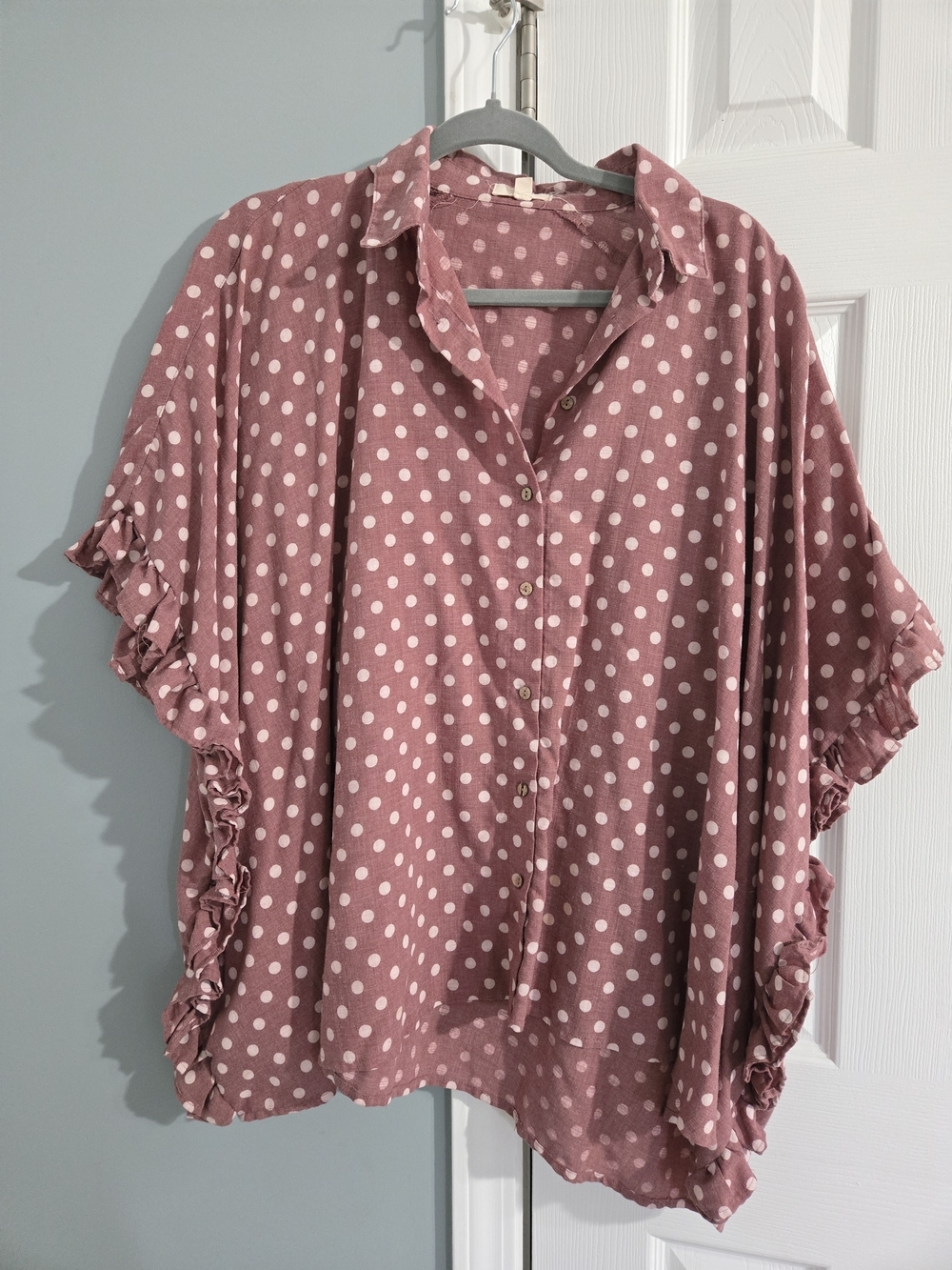 Easel Polka Dot Ruffle Sleeve Button-Front Blouse - Dusty Rose